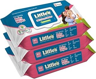 Little's Soft Cleansing Baby Wipes with Lid | 80 Wipes x Pack of 3 - 240 Wipes | Extra Thick & Moist Wet Wipes for Baby's | Prevents Rashes & Redness with Goodness of Aloe Vera, Vitamin E & Jojoba Oil