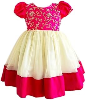 Stanwells Kids Baby Girls Frocks Knee Length Birthday Ruffle Pattern Puff Cap Sleeve Traditional Embroidery Western Frock Princess Birthday Dress for Girls