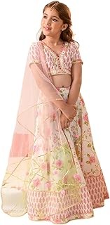 White Button Girls Polyester Blend New Stone And Embroidery Work Half Saree Styled Kids Readymade Lehenga Chol