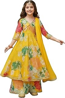 Pspeaches Girls Cotton Yellow Turquoise Blue Printed Ready To Wear Readymade Lehenga Set Blouse With Dupatta