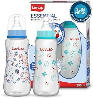 LuvLap Anti-Colic Slim/Regular Neck Essential Baby Plastic Feeding Bottle, 250Ml (Pack of 2), New Born/Infants/Toddler Upto 3 Years, BPA Free